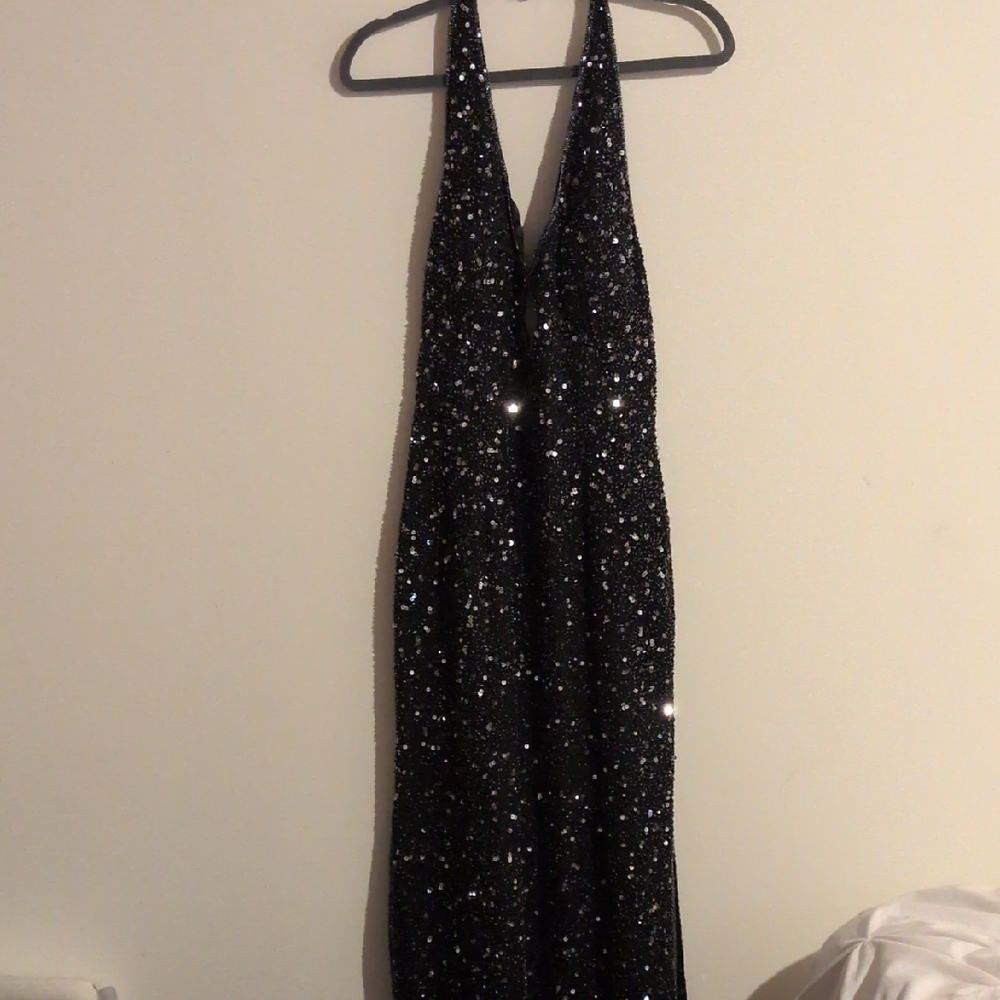 Scala Black Sequin Halter Gown